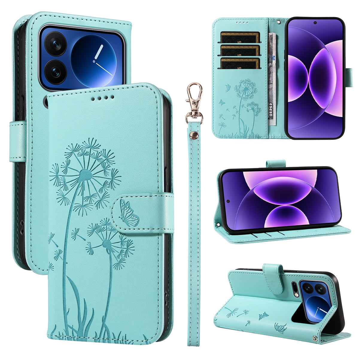 For Xiaomi 17 Pro Leather Wallet Case with Strap Dandelion Imprint Phone Stand Cover - Green