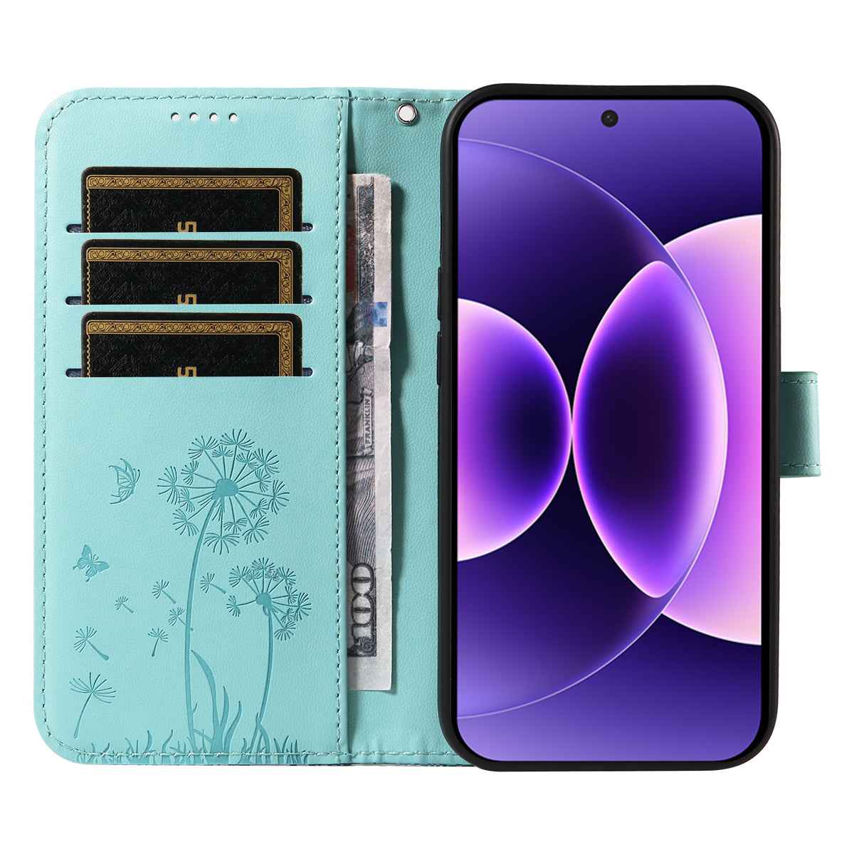 For Xiaomi 17 Pro Leather Wallet Case with Strap Dandelion Imprint Phone Stand Cover - Green