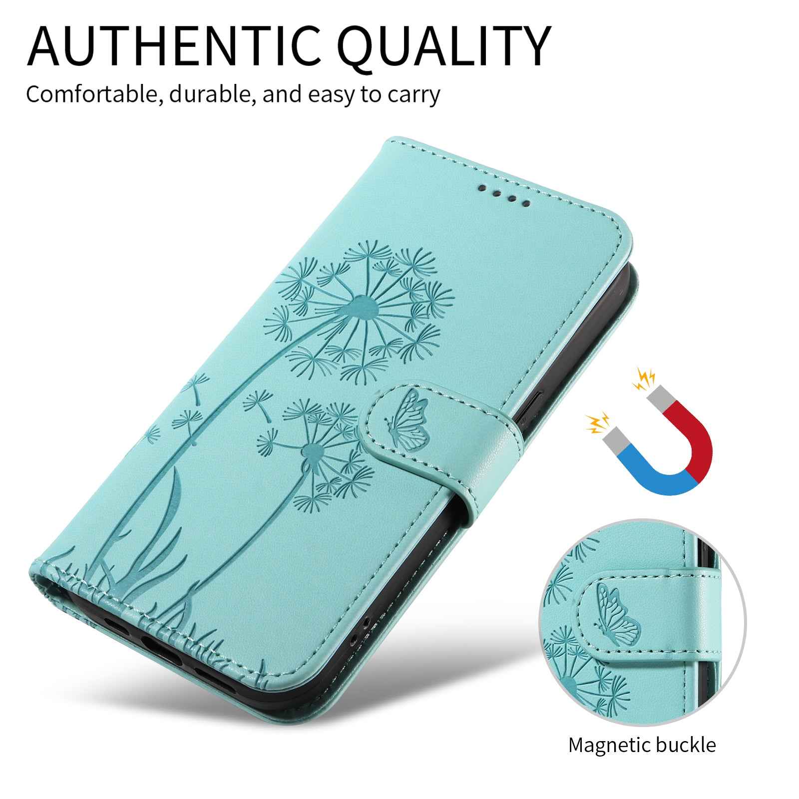 For Xiaomi 17 Pro Leather Wallet Case with Strap Dandelion Imprint Phone Stand Cover - Green