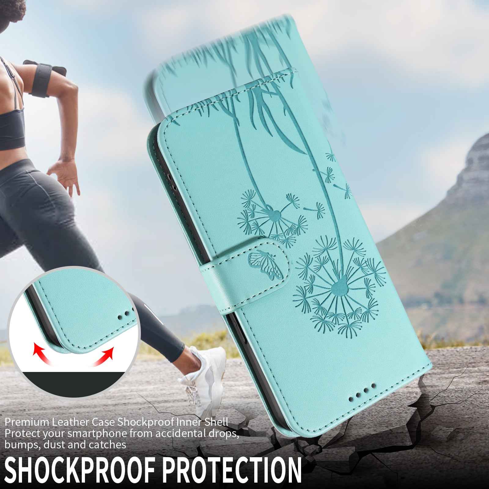 For Xiaomi 17 Pro Leather Wallet Case with Strap Dandelion Imprint Phone Stand Cover - Green