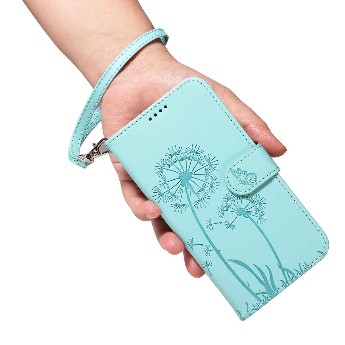 For Xiaomi 17 Pro Leather Wallet Case with Strap Dandelion Imprint Phone Stand Cover - Green