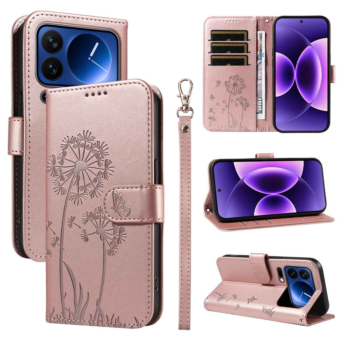 For Xiaomi 17 Pro Leather Wallet Case with Strap Dandelion Imprint Phone Stand Cover - Rose Gold