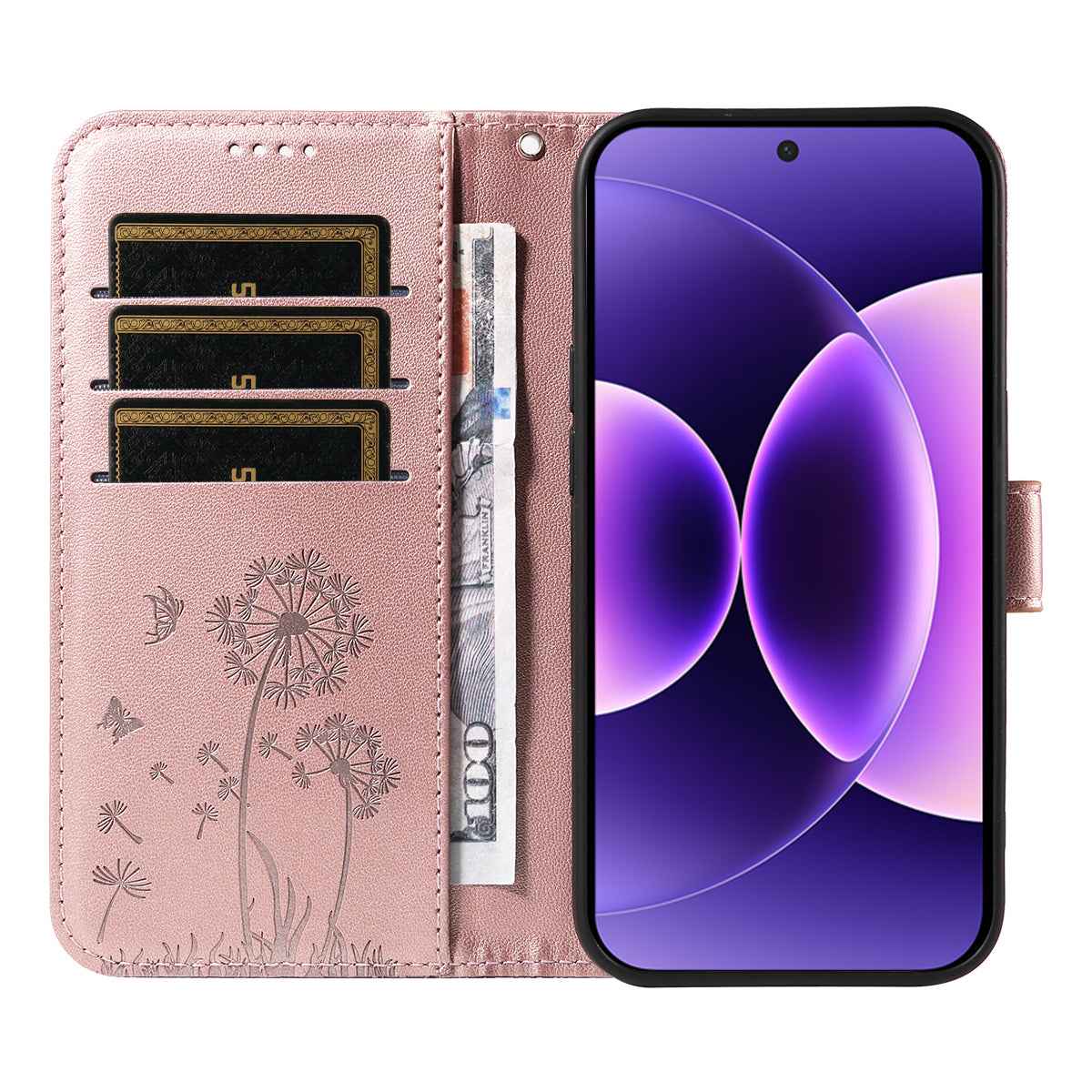 For Xiaomi 17 Pro Leather Wallet Case with Strap Dandelion Imprint Phone Stand Cover - Rose Gold