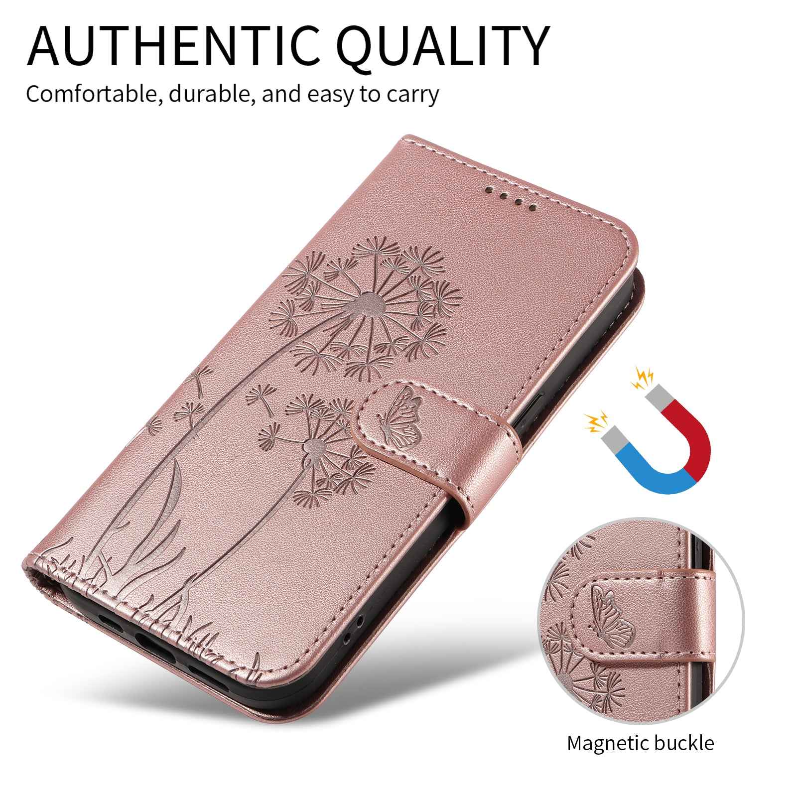For Xiaomi 17 Pro Leather Wallet Case with Strap Dandelion Imprint Phone Stand Cover - Rose Gold