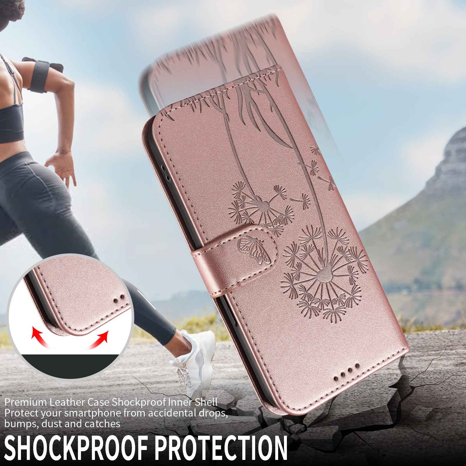 For Xiaomi 17 Pro Leather Wallet Case with Strap Dandelion Imprint Phone Stand Cover - Rose Gold