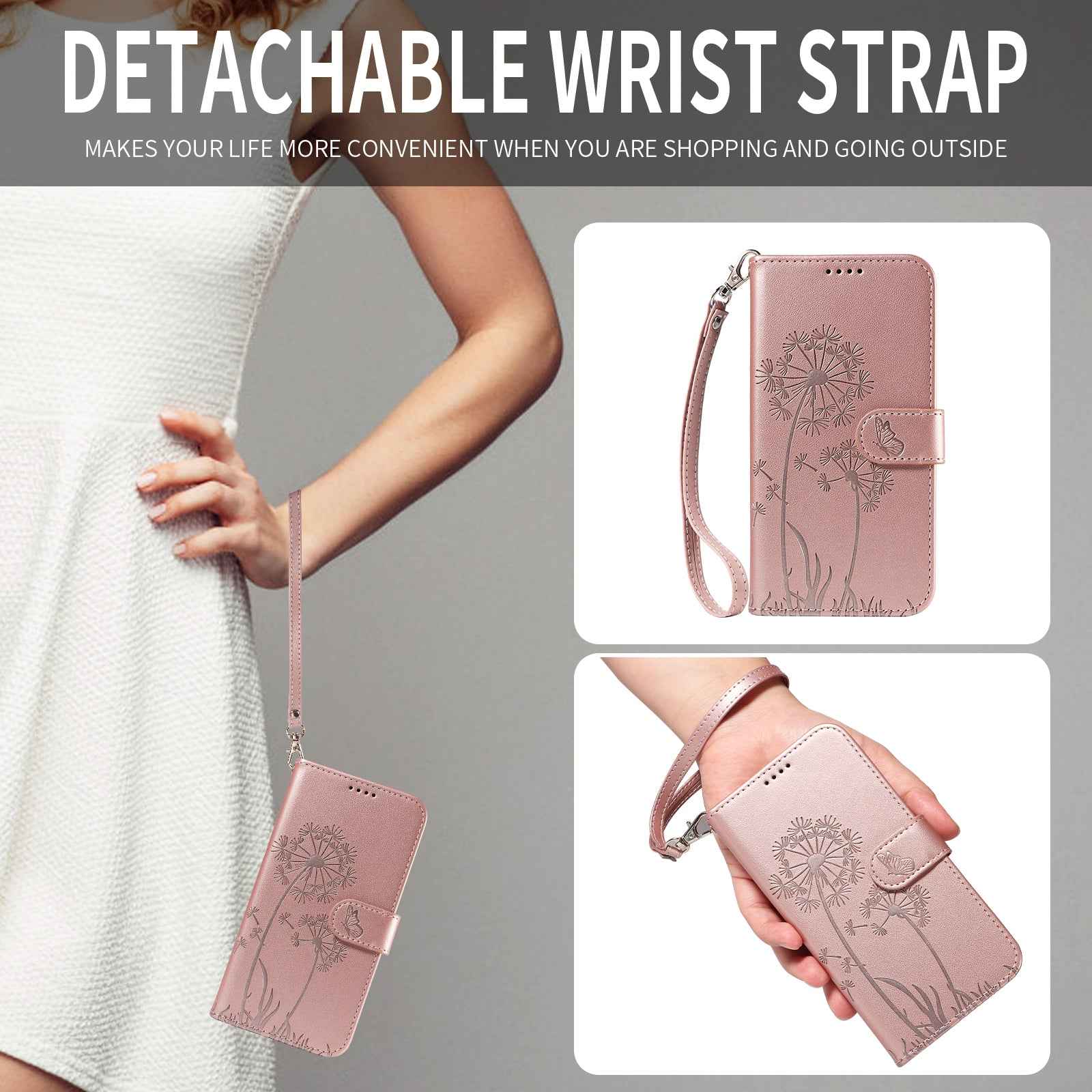 For Xiaomi 17 Pro Leather Wallet Case with Strap Dandelion Imprint Phone Stand Cover - Rose Gold