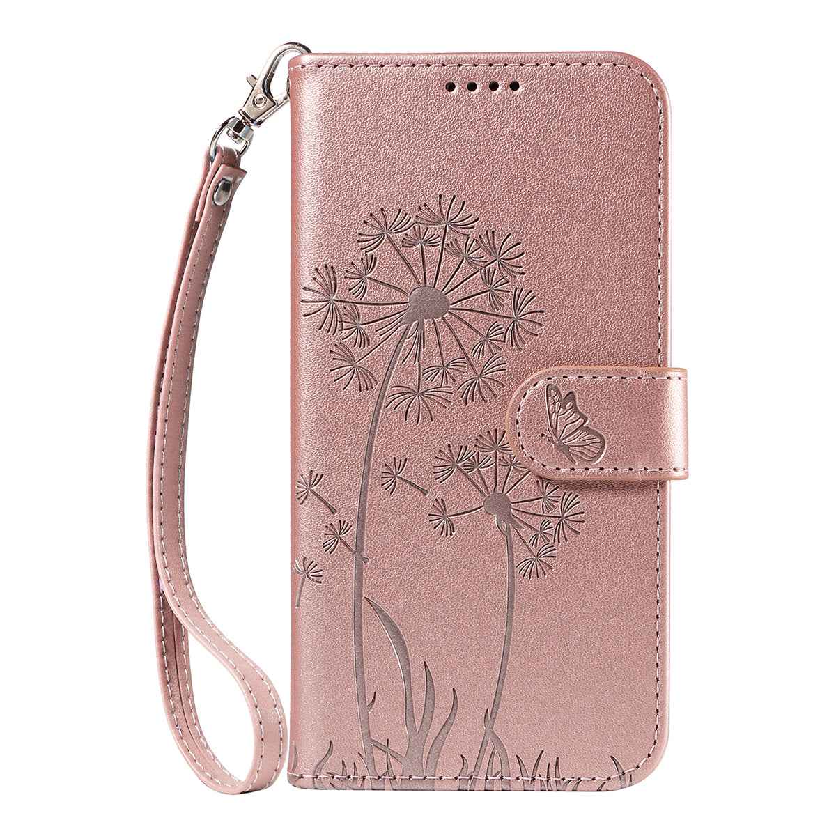 For Xiaomi 17 Pro Leather Wallet Case with Strap Dandelion Imprint Phone Stand Cover - Rose Gold