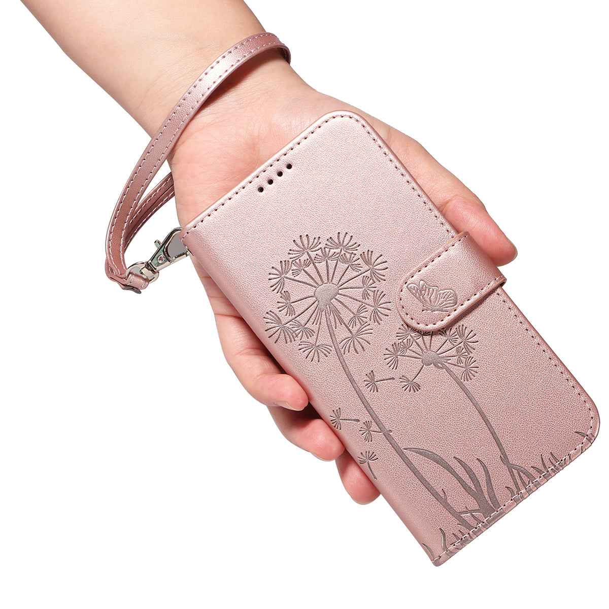 For Xiaomi 17 Pro Leather Wallet Case with Strap Dandelion Imprint Phone Stand Cover - Rose Gold