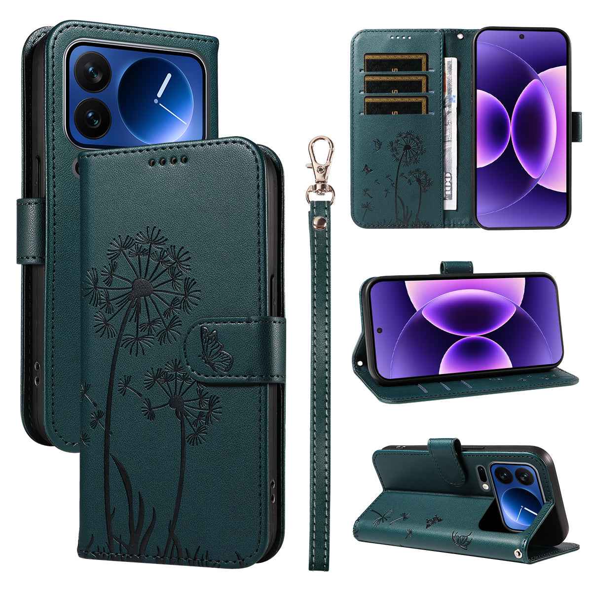 For Xiaomi 17 Pro Leather Wallet Case with Strap Dandelion Imprint Phone Stand Cover - Blue