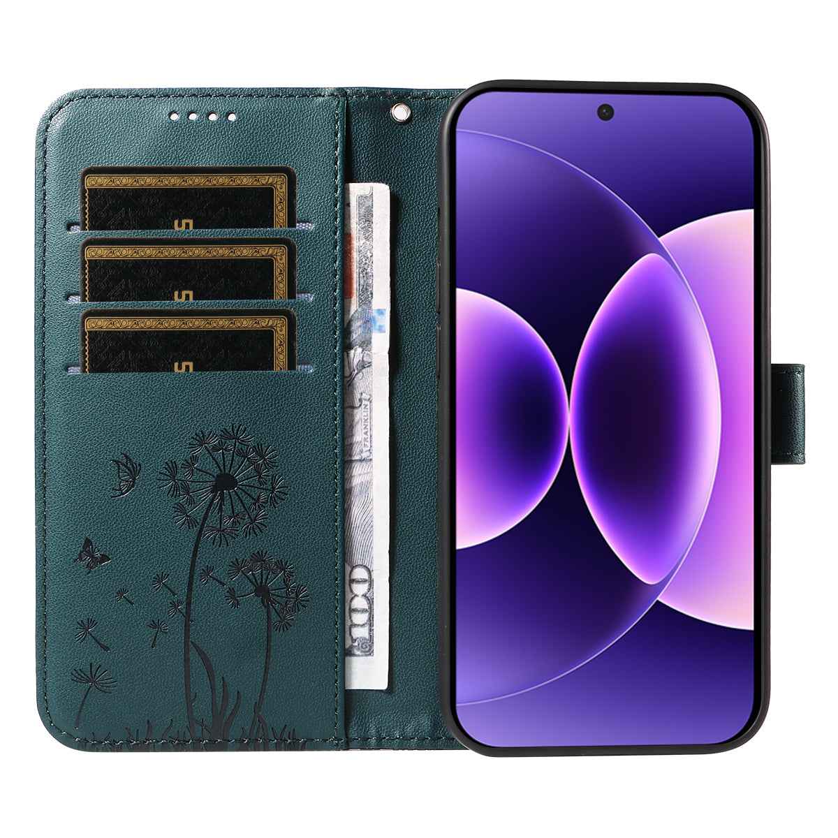 For Xiaomi 17 Pro Leather Wallet Case with Strap Dandelion Imprint Phone Stand Cover - Blue