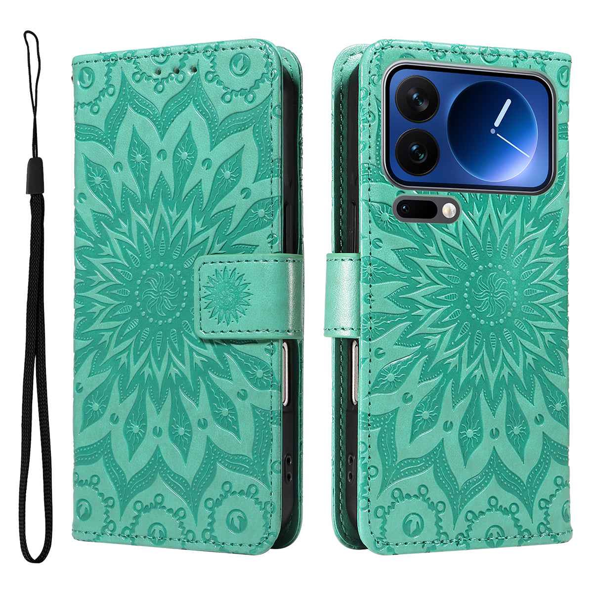 For Xiaomi 17 Pro Leather Wallet Case Sunflower Imprinted Phone Cover - Green