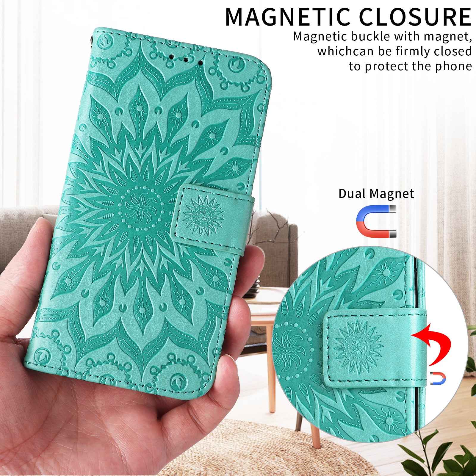 For Xiaomi 17 Pro Leather Wallet Case Sunflower Imprinted Phone Cover - Green
