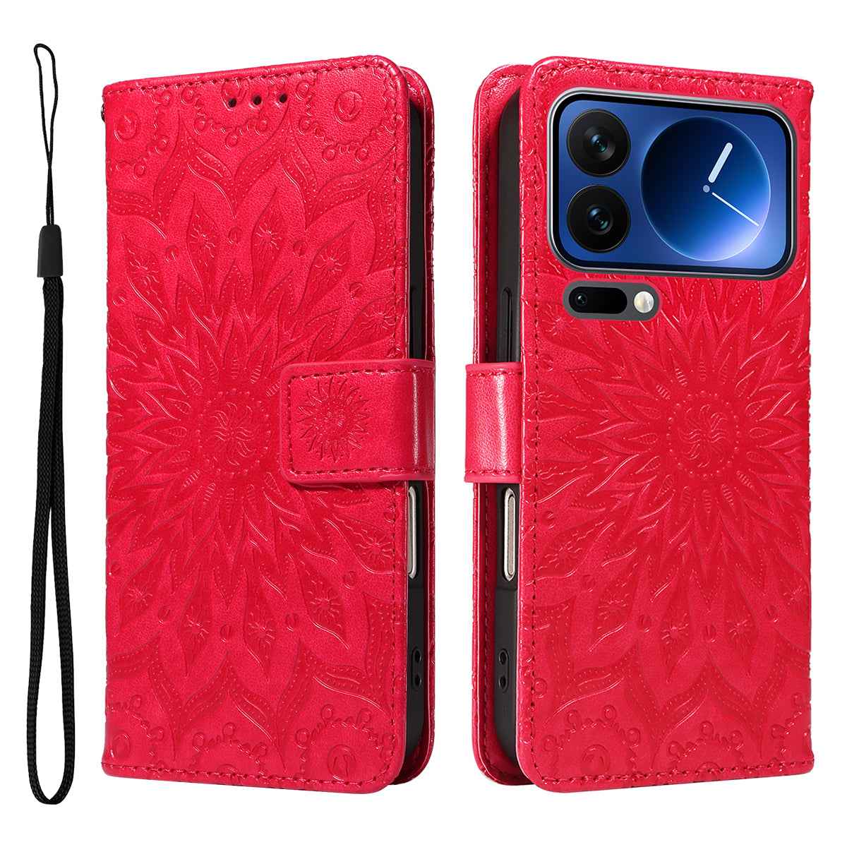 For Xiaomi 17 Pro Leather Wallet Case Sunflower Imprinted Phone Cover - Red