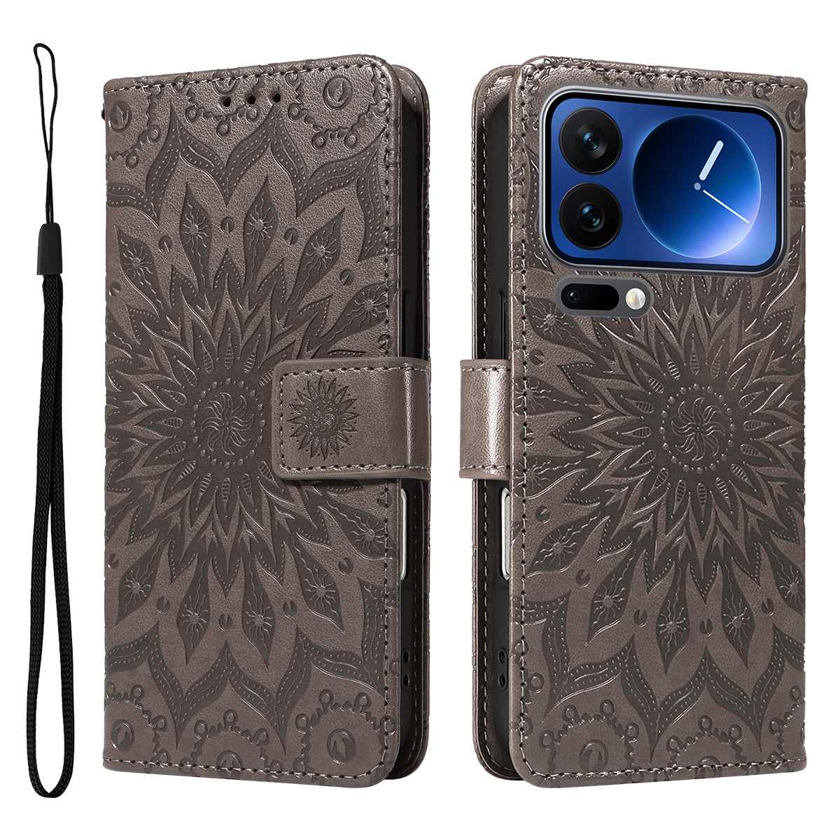 For Xiaomi 17 Pro Leather Wallet Case Sunflower Imprinted Phone Cover - Grey