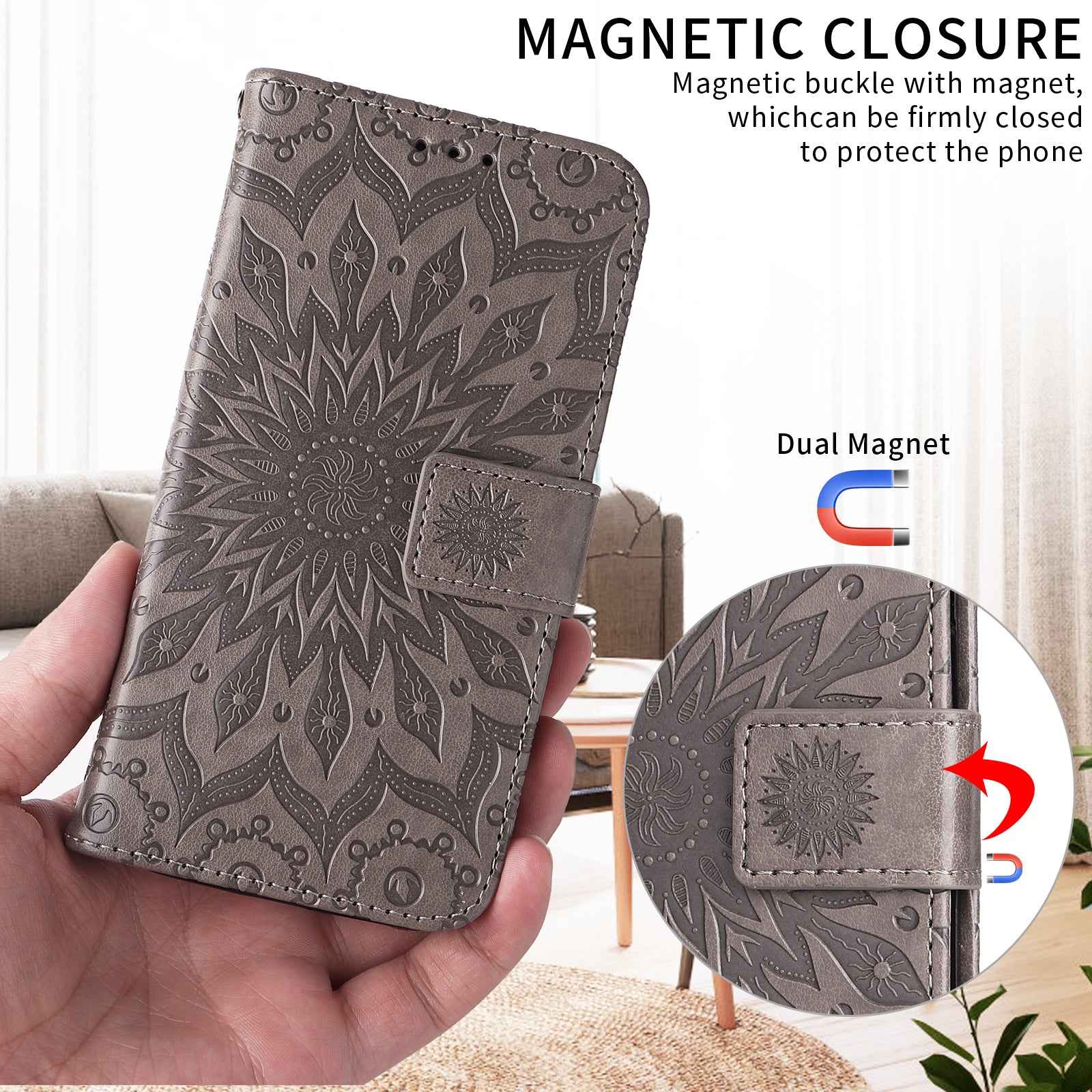 For Xiaomi 17 Pro Leather Wallet Case Sunflower Imprinted Phone Cover - Grey