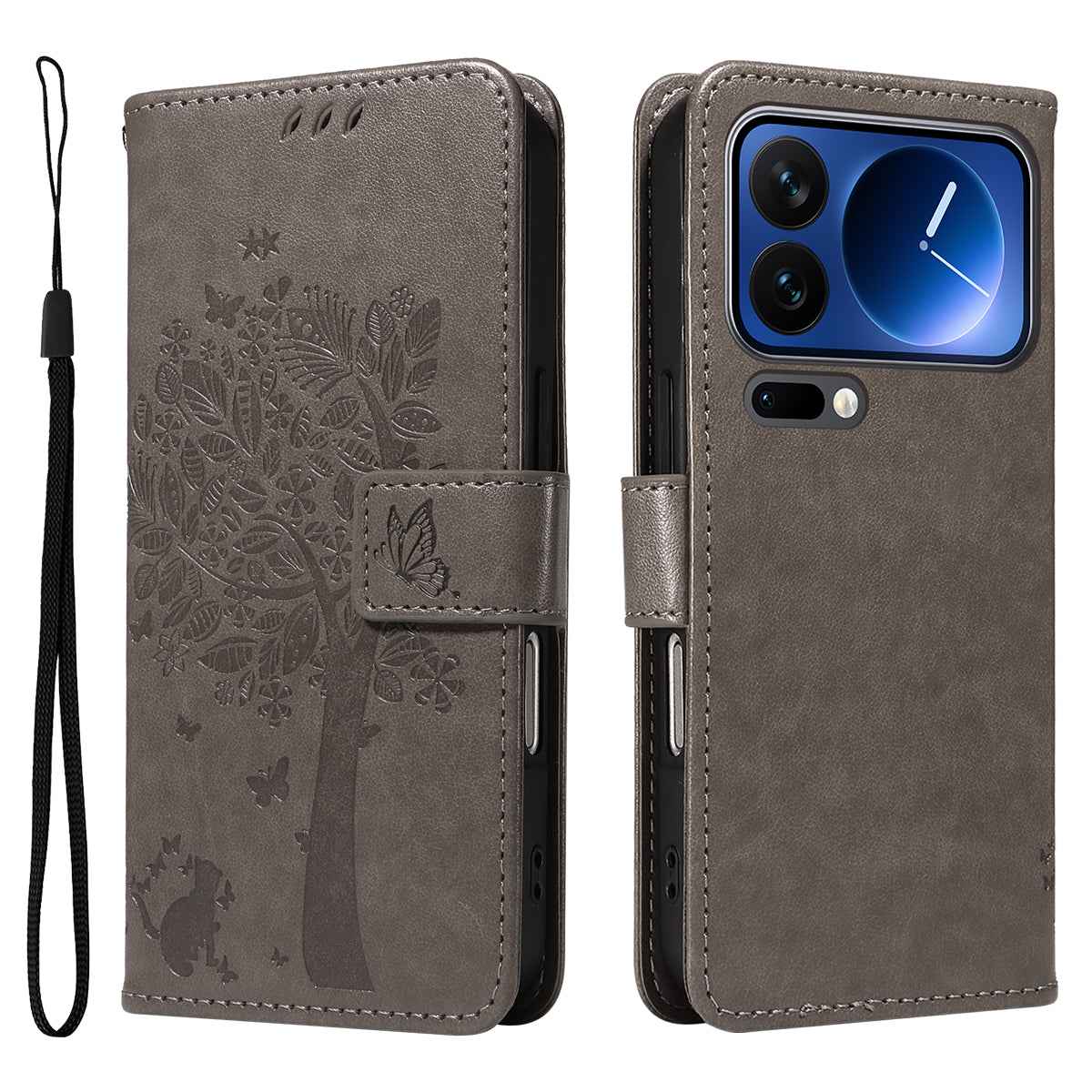 For Xiaomi 17 Pro Phone Case with Stand Cat Tree Pattern Leather Wallet Mobile Cover - Grey