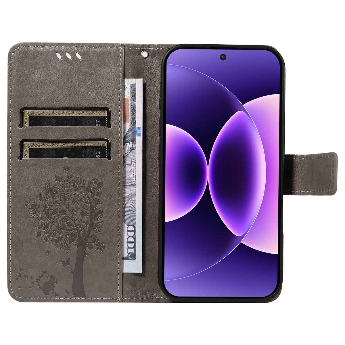 For Xiaomi 17 Pro Phone Case with Stand Cat Tree Pattern Leather Wallet Mobile Cover - Grey
