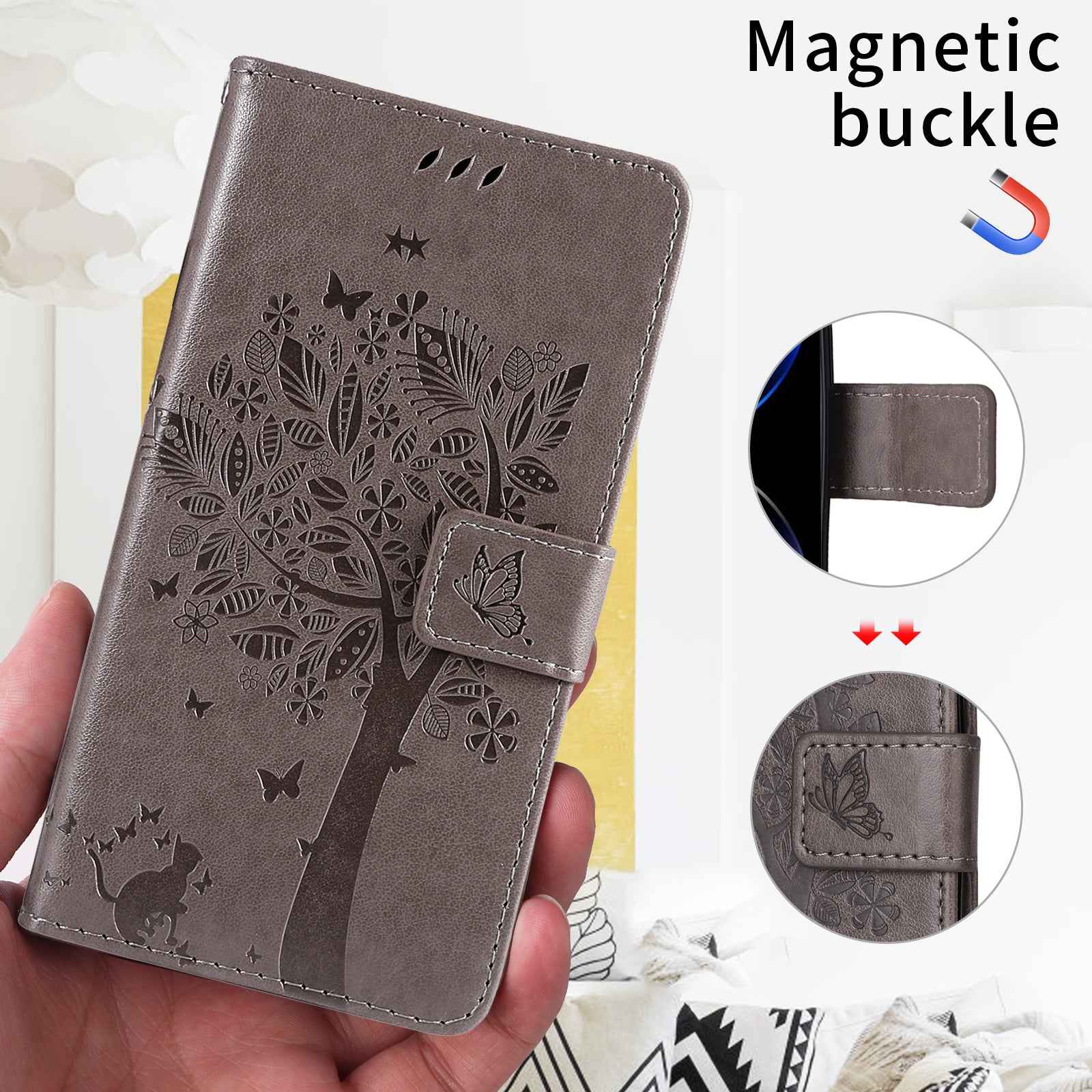 For Xiaomi 17 Pro Phone Case with Stand Cat Tree Pattern Leather Wallet Mobile Cover - Grey