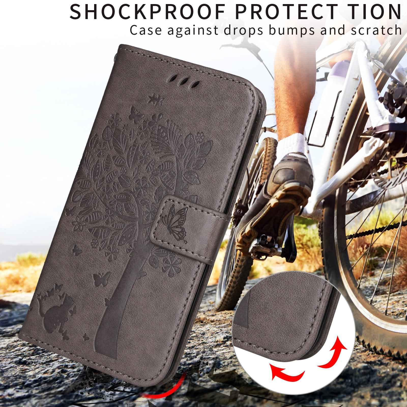 For Xiaomi 17 Pro Phone Case with Stand Cat Tree Pattern Leather Wallet Mobile Cover - Grey