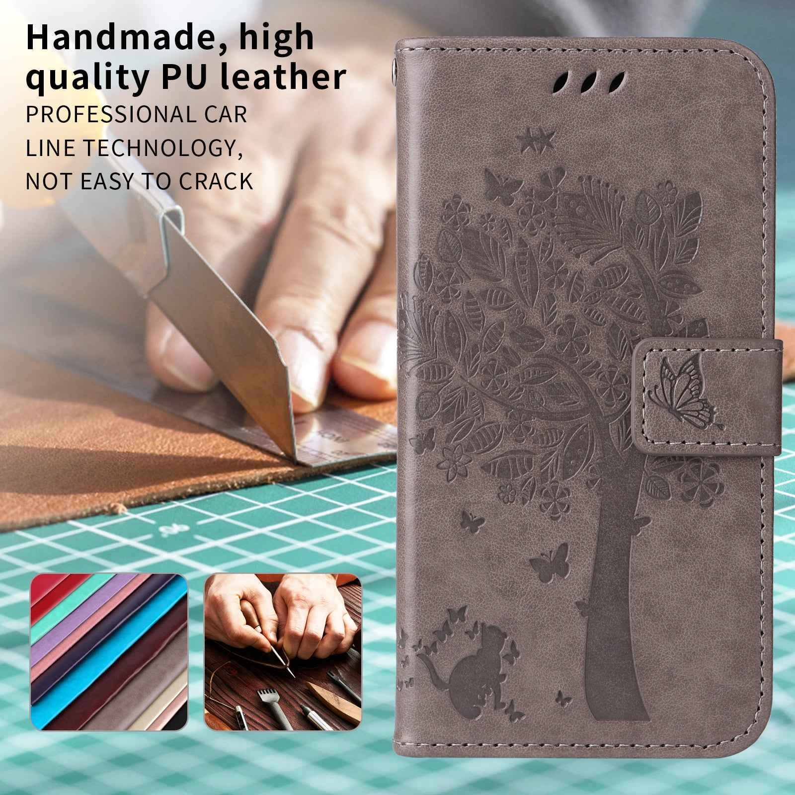 For Xiaomi 17 Pro Phone Case with Stand Cat Tree Pattern Leather Wallet Mobile Cover - Grey
