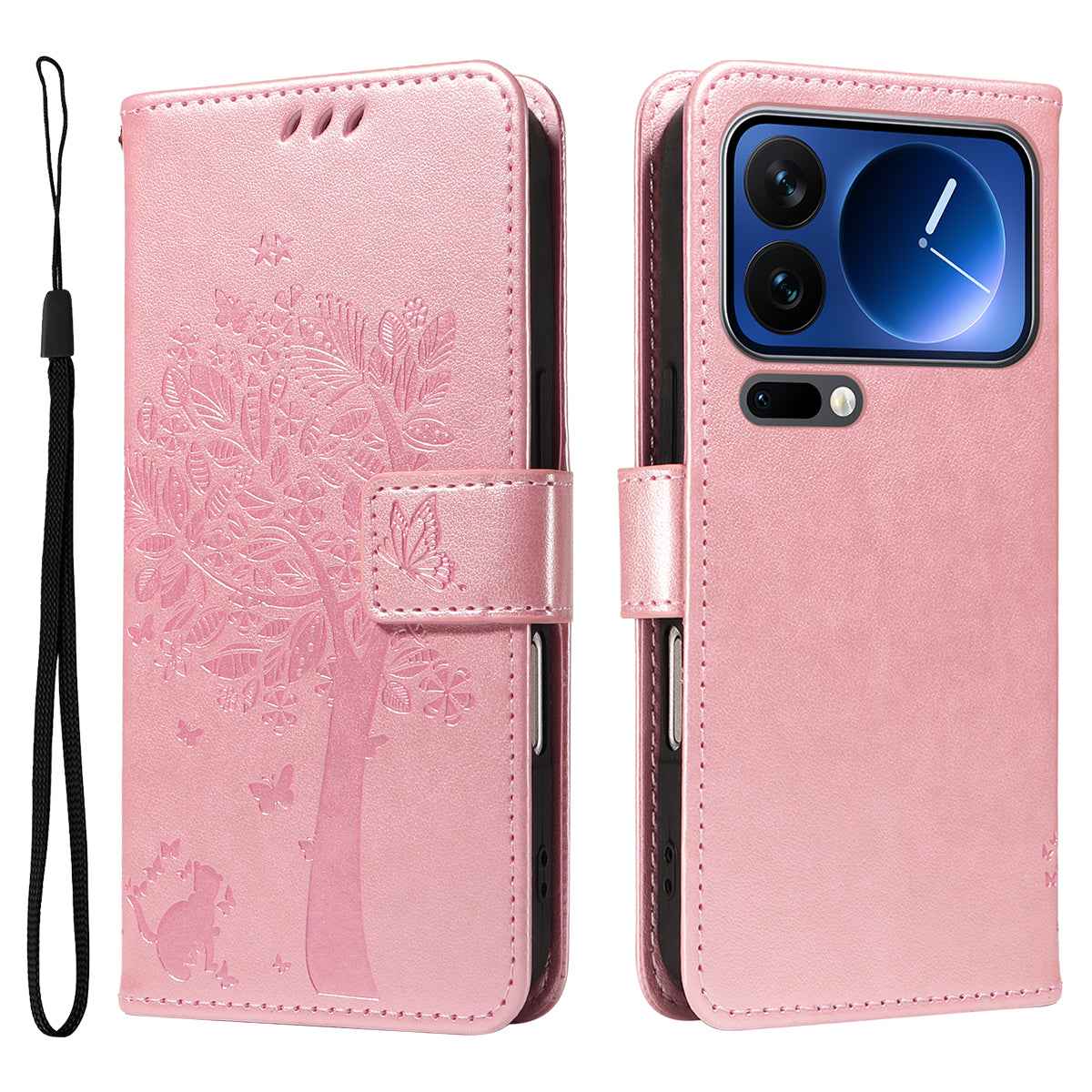 For Xiaomi 17 Pro Phone Case with Stand Cat Tree Pattern Leather Wallet Mobile Cover - Rose Gold