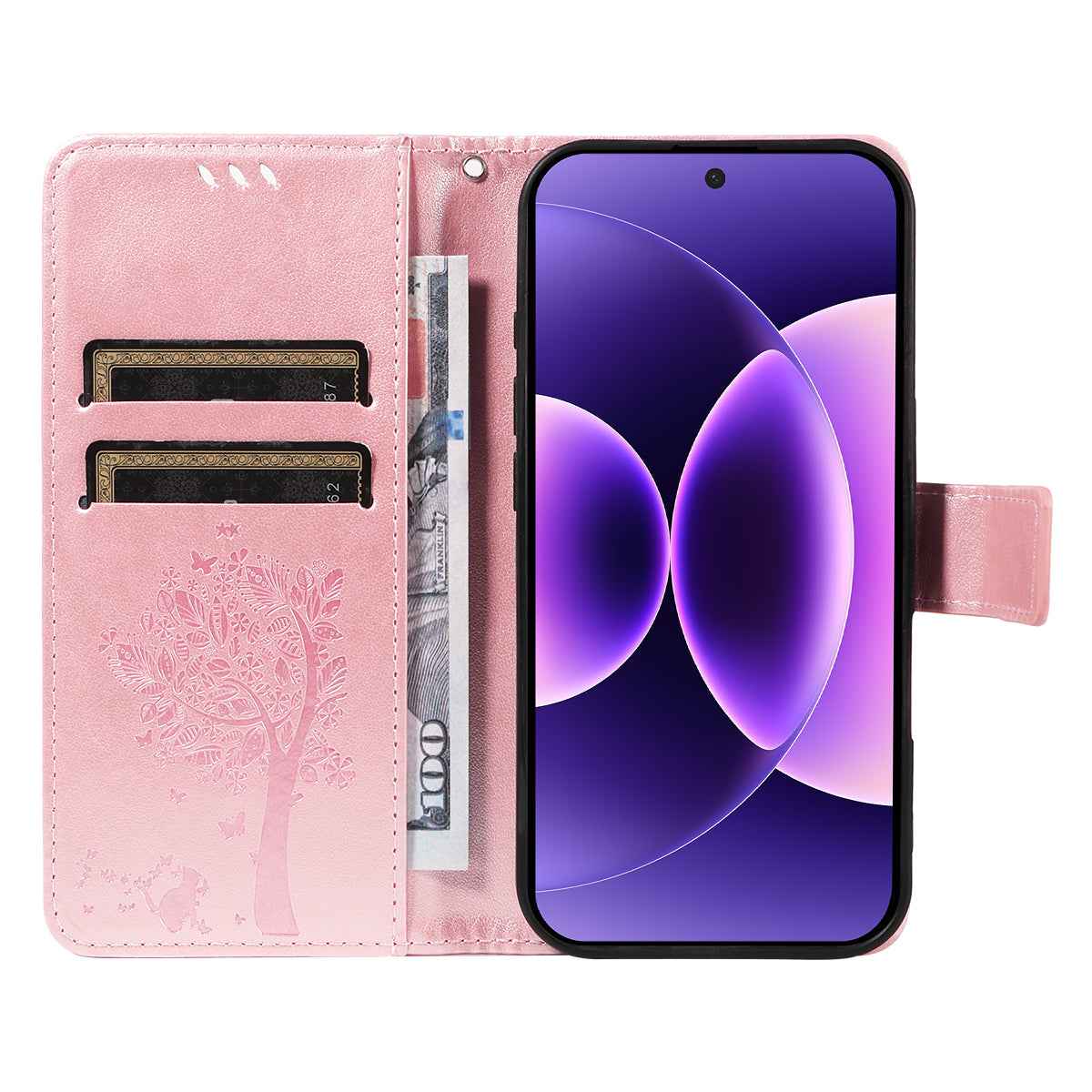 For Xiaomi 17 Pro Phone Case with Stand Cat Tree Pattern Leather Wallet Mobile Cover - Rose Gold