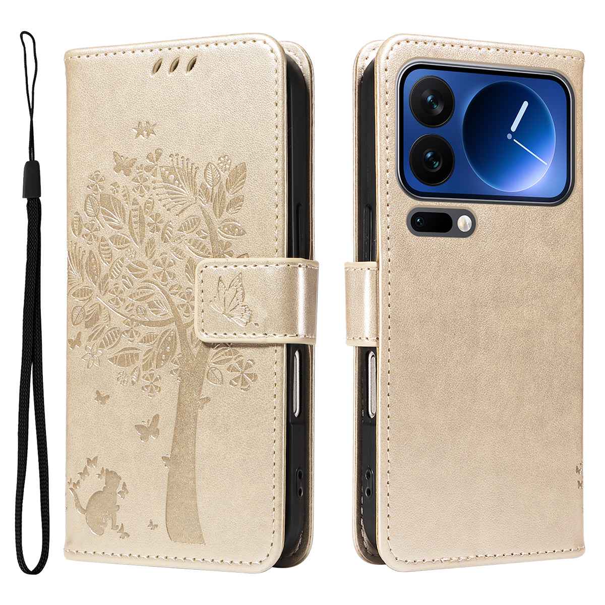 For Xiaomi 17 Pro Phone Case with Stand Cat Tree Pattern Leather Wallet Mobile Cover - Gold