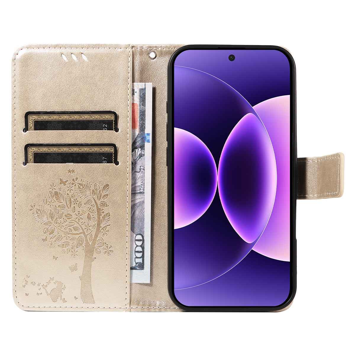 For Xiaomi 17 Pro Phone Case with Stand Cat Tree Pattern Leather Wallet Mobile Cover - Gold