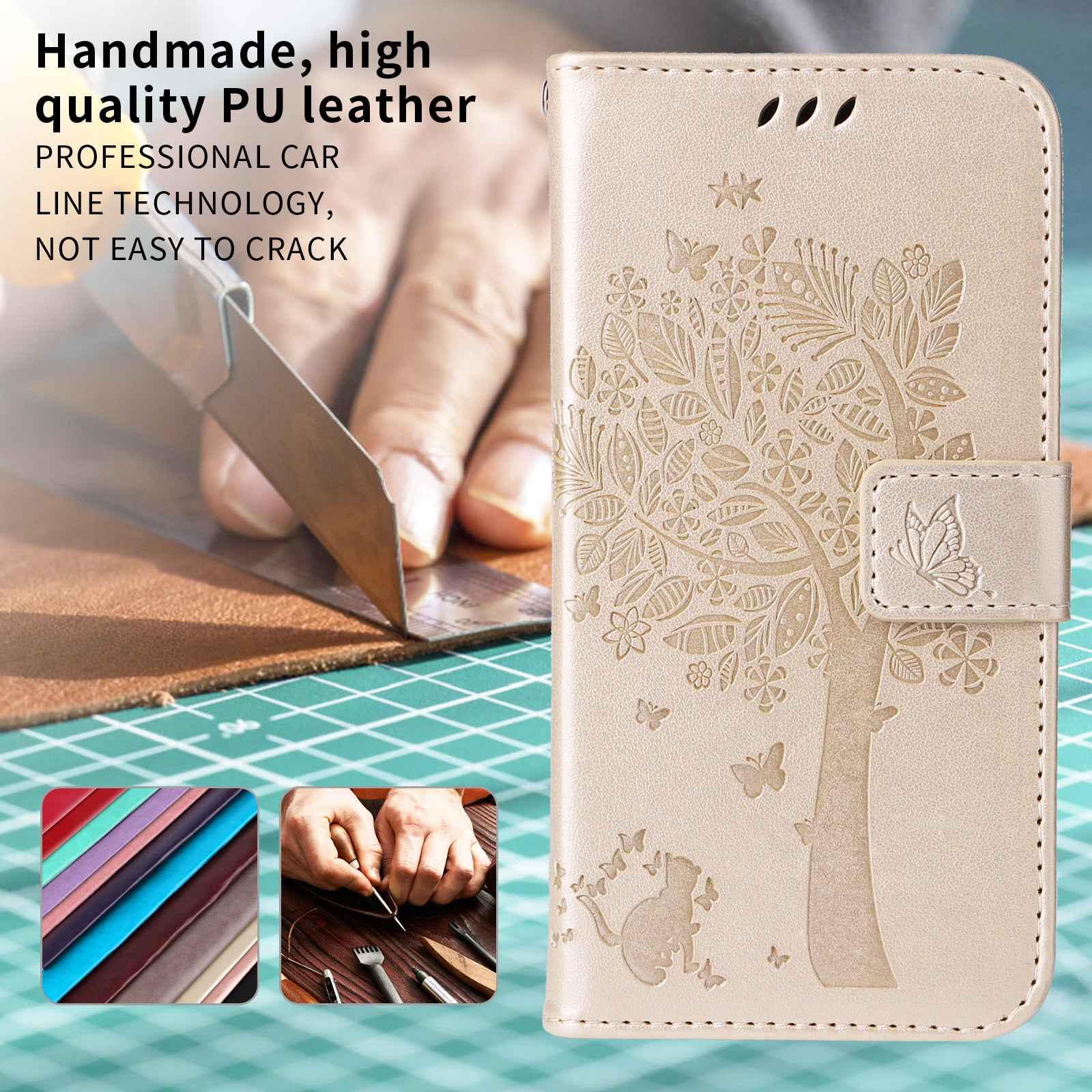 For Xiaomi 17 Pro Phone Case with Stand Cat Tree Pattern Leather Wallet Mobile Cover - Gold