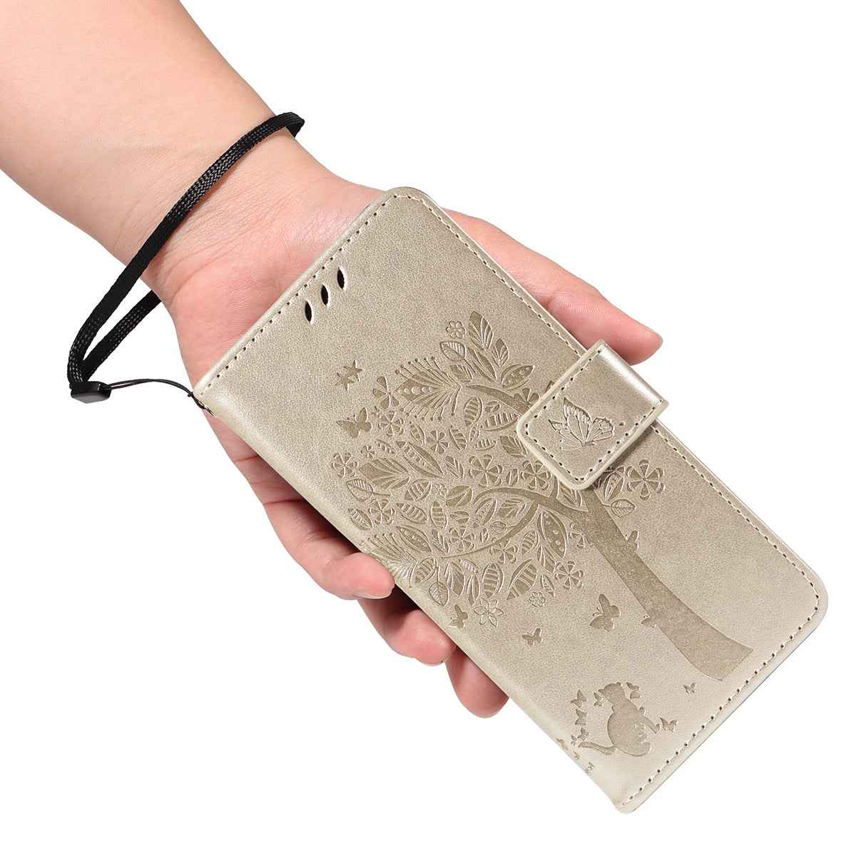 For Xiaomi 17 Pro Phone Case with Stand Cat Tree Pattern Leather Wallet Mobile Cover - Gold
