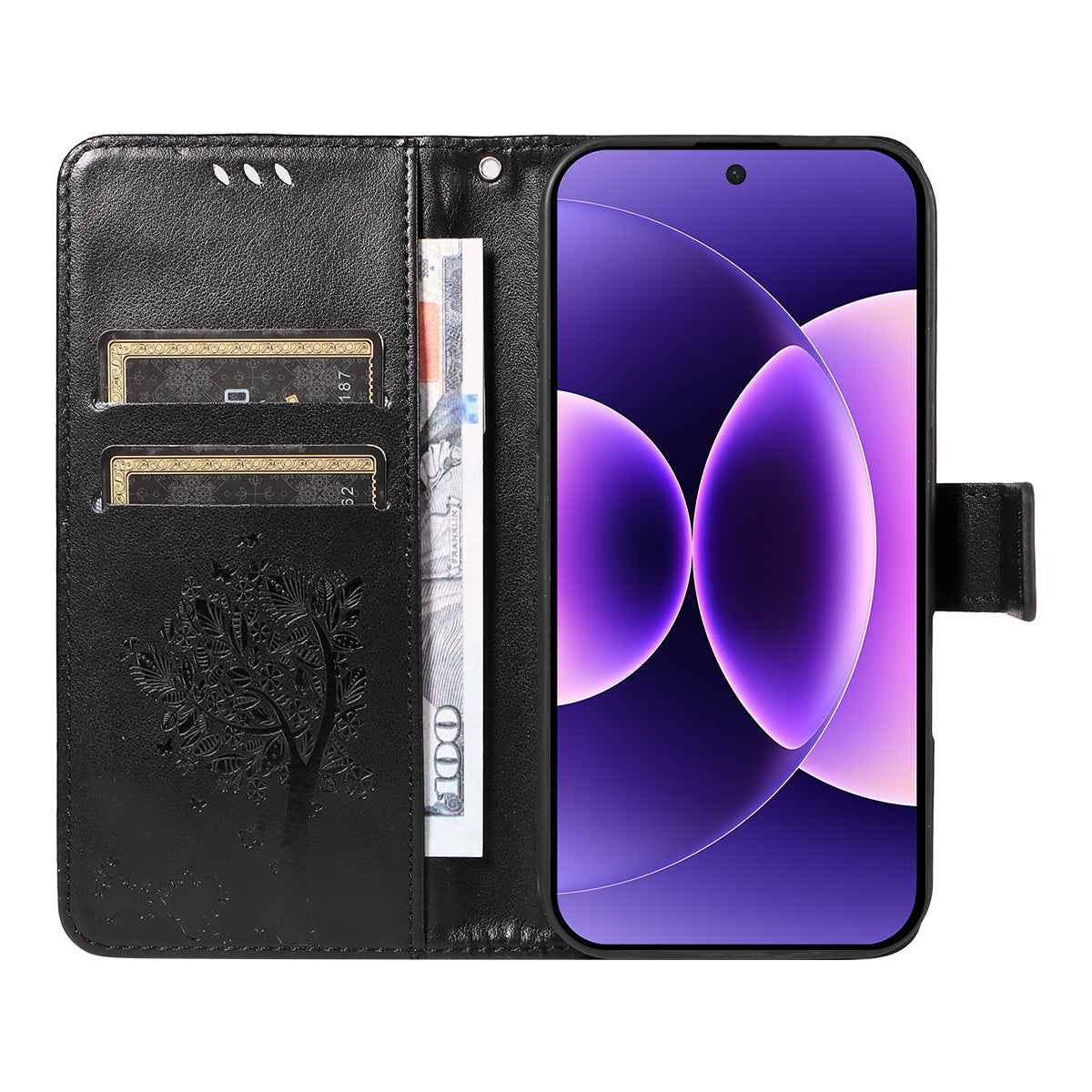 For Xiaomi 17 Pro Phone Case with Stand Cat Tree Pattern Leather Wallet Mobile Cover -  Black