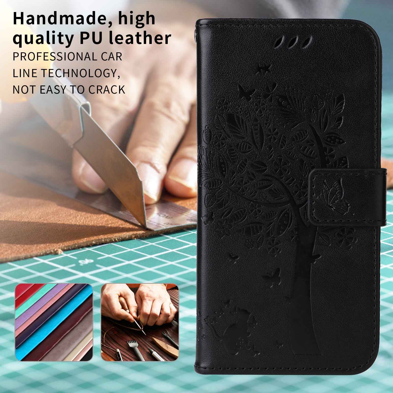 For Xiaomi 17 Pro Phone Case with Stand Cat Tree Pattern Leather Wallet Mobile Cover -  Black