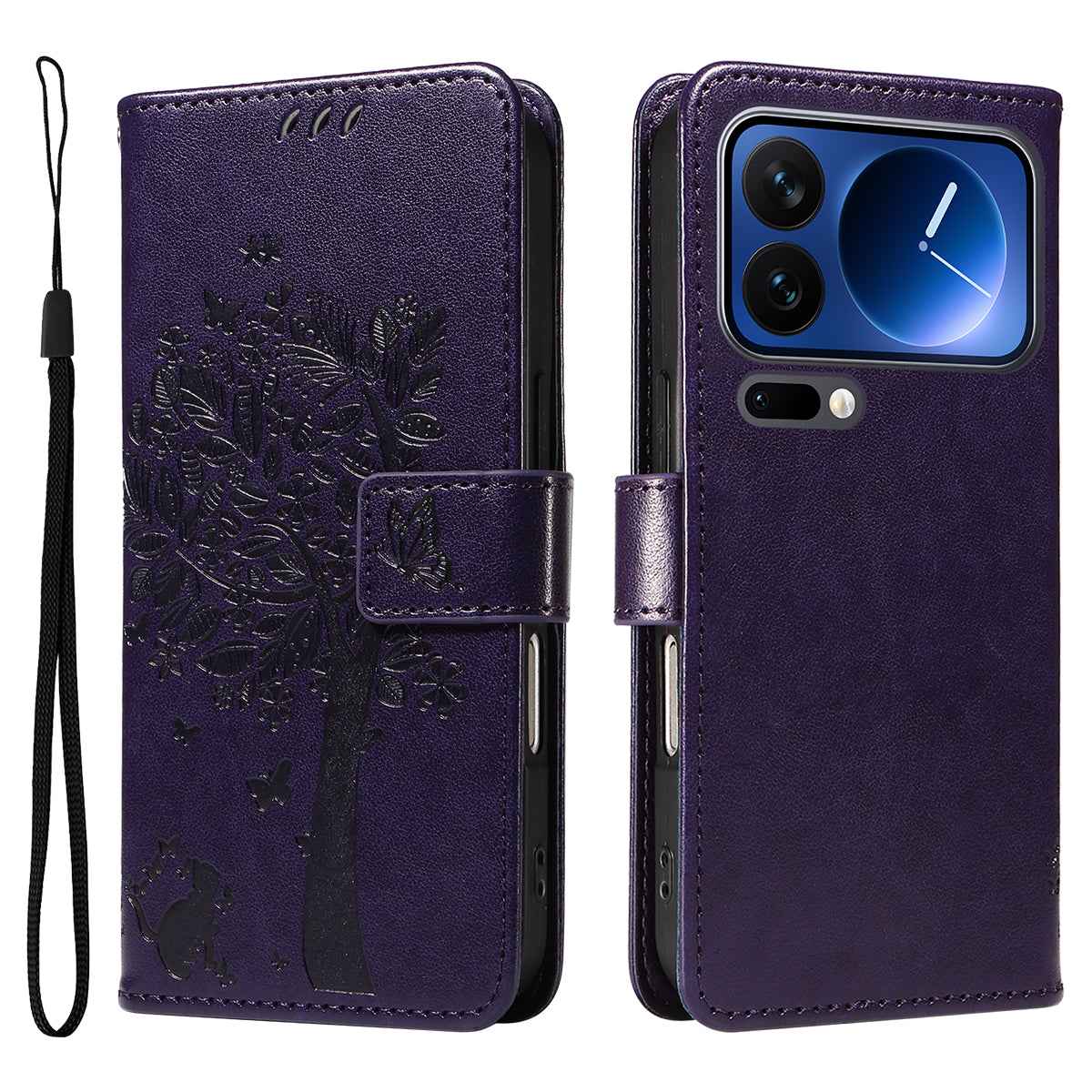 For Xiaomi 17 Pro Phone Case with Stand Cat Tree Pattern Leather Wallet Mobile Cover - Purple