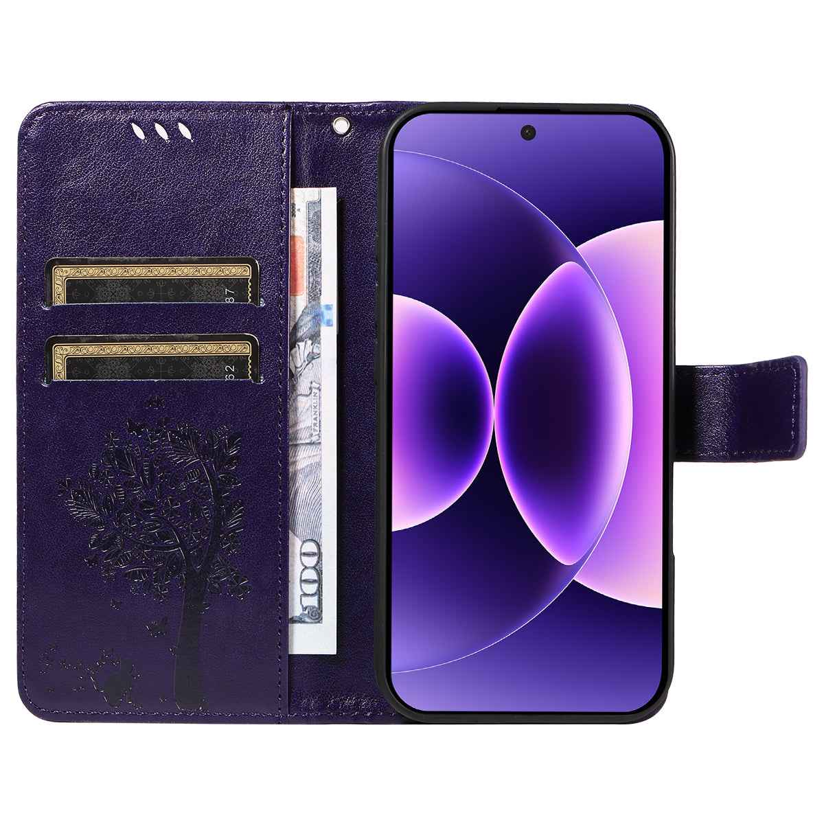 For Xiaomi 17 Pro Phone Case with Stand Cat Tree Pattern Leather Wallet Mobile Cover - Purple