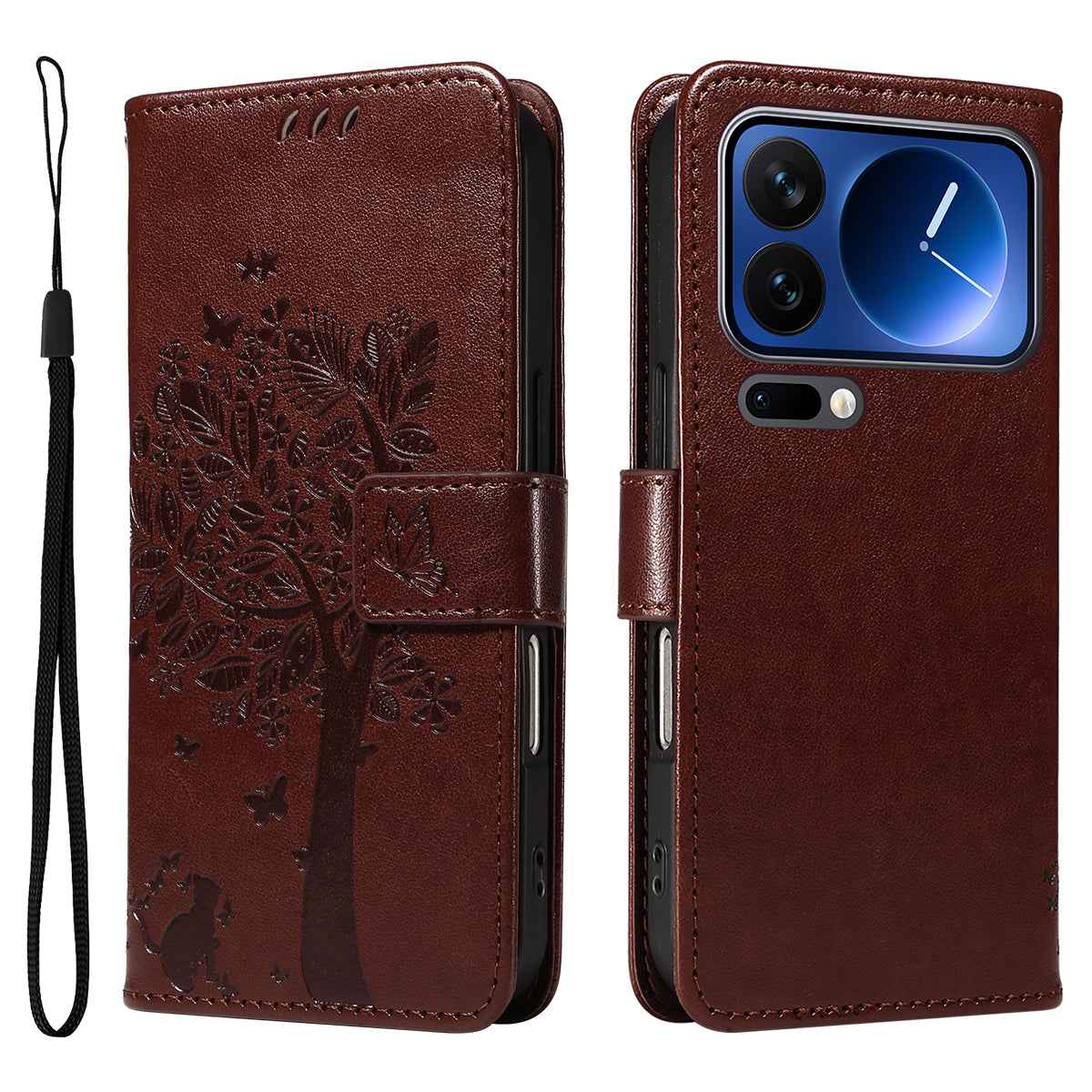 For Xiaomi 17 Pro Phone Case with Stand Cat Tree Pattern Leather Wallet Mobile Cover - Coffee