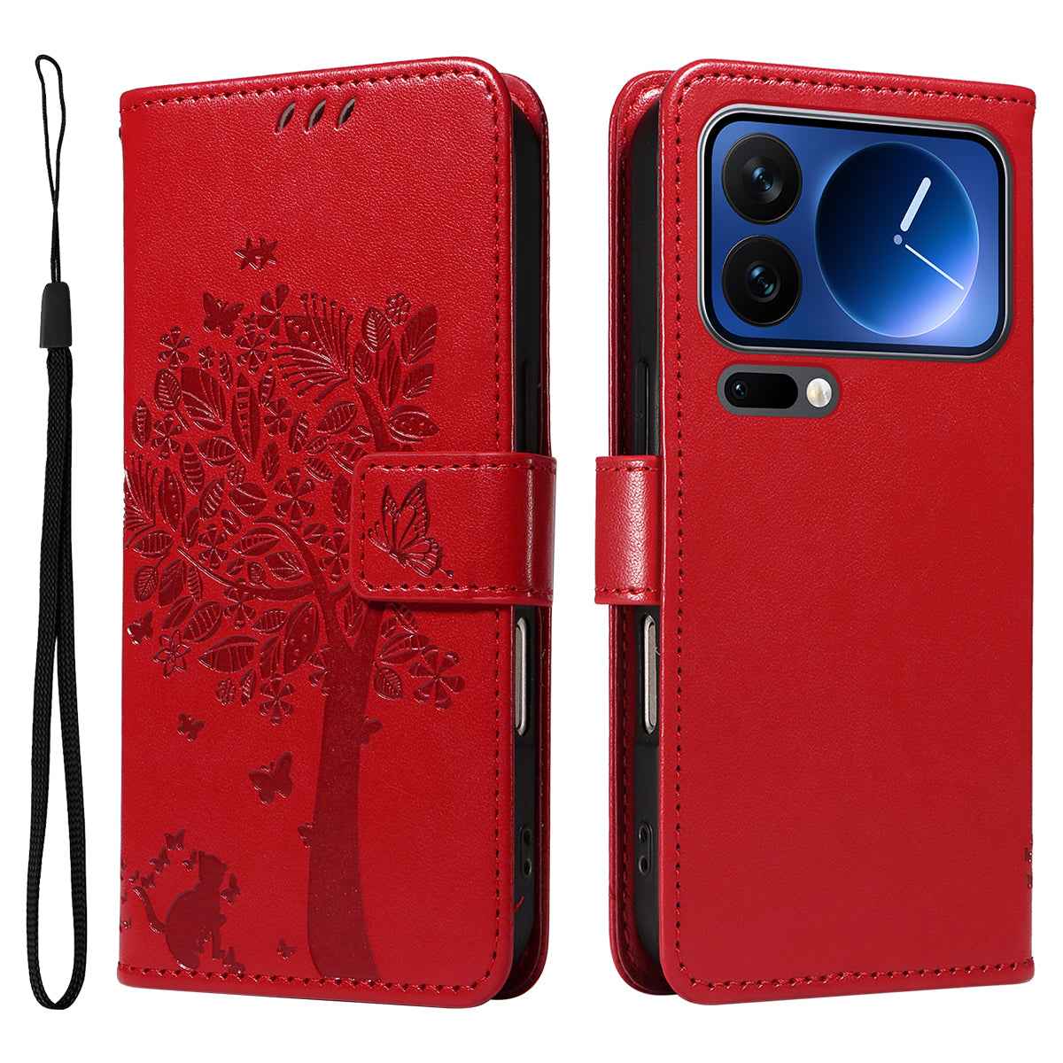 For Xiaomi 17 Pro Phone Case with Stand Cat Tree Pattern Leather Wallet Mobile Cover - Red
