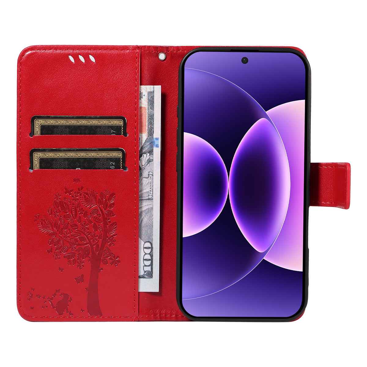 For Xiaomi 17 Pro Phone Case with Stand Cat Tree Pattern Leather Wallet Mobile Cover - Red