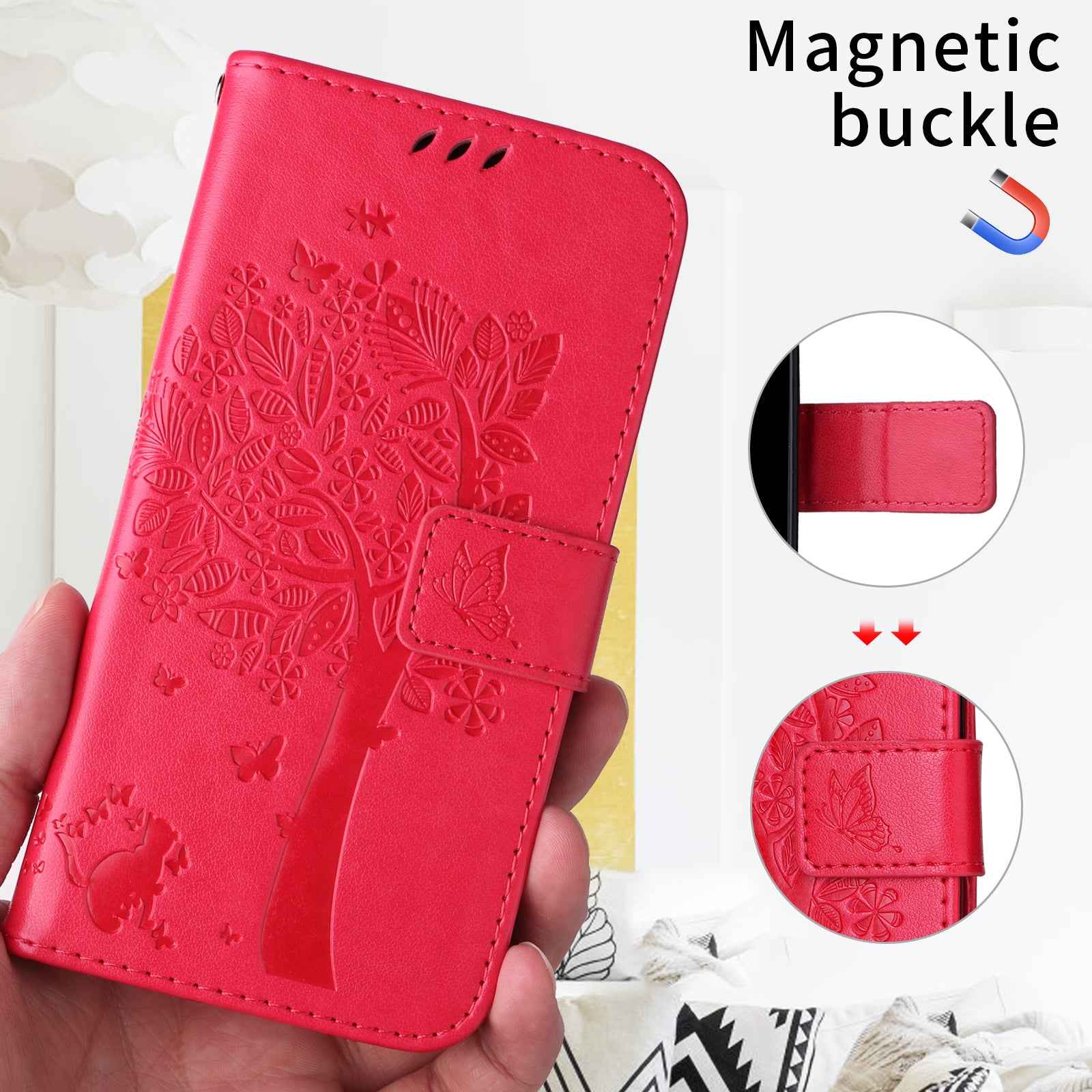 For Xiaomi 17 Pro Phone Case with Stand Cat Tree Pattern Leather Wallet Mobile Cover - Rose