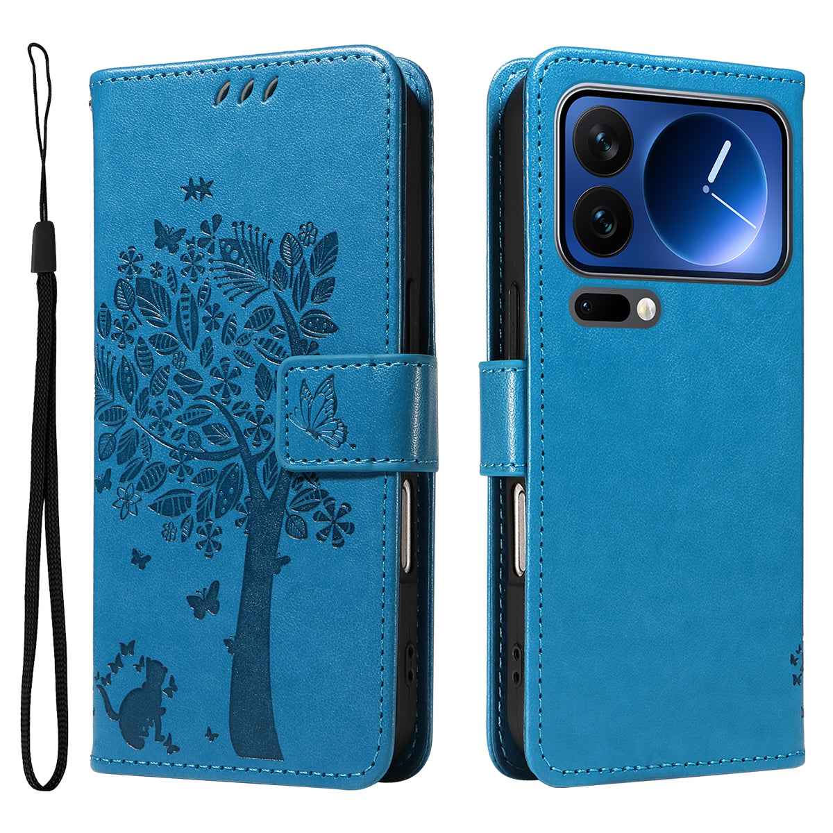 For Xiaomi 17 Pro Phone Case with Stand Cat Tree Pattern Leather Wallet Mobile Cover - Blue