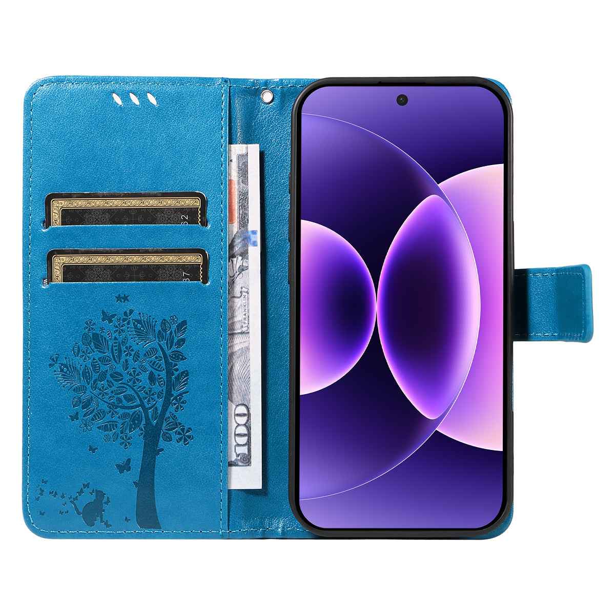 For Xiaomi 17 Pro Phone Case with Stand Cat Tree Pattern Leather Wallet Mobile Cover - Blue