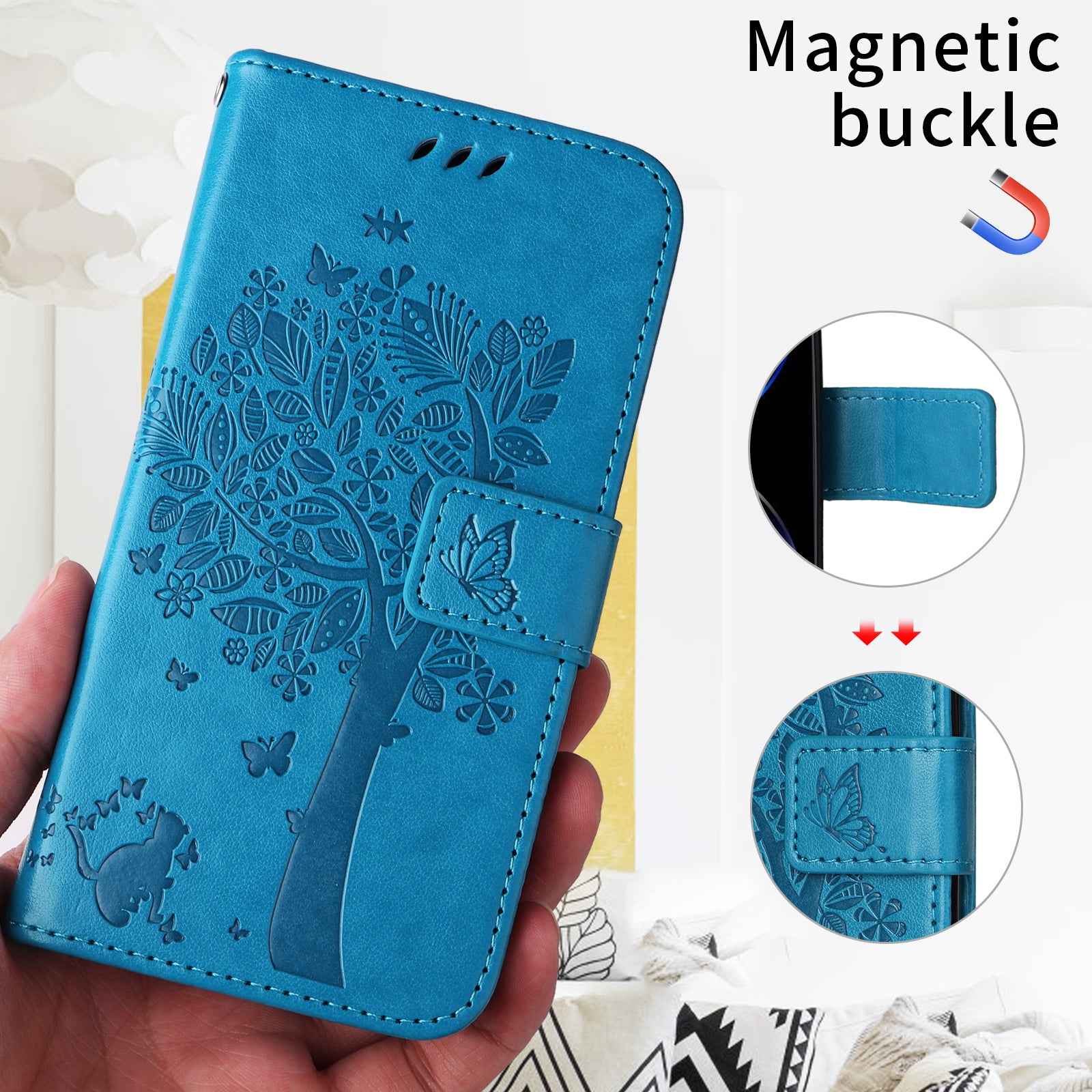 For Xiaomi 17 Pro Phone Case with Stand Cat Tree Pattern Leather Wallet Mobile Cover - Blue