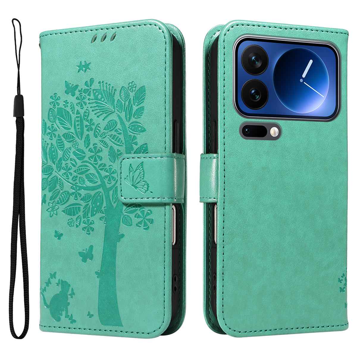For Xiaomi 17 Pro Phone Case with Stand Cat Tree Pattern Leather Wallet Mobile Cover - Green
