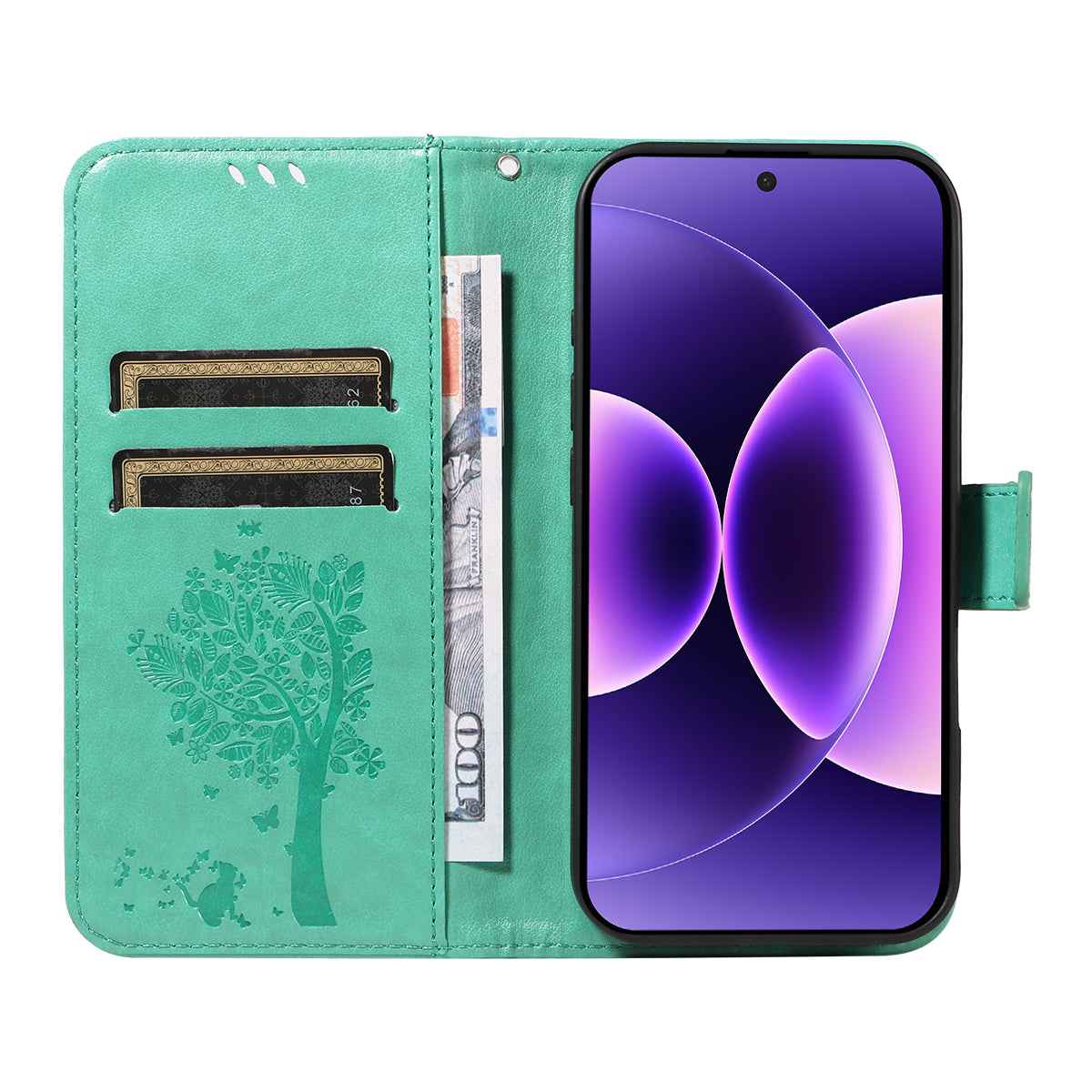 For Xiaomi 17 Pro Phone Case with Stand Cat Tree Pattern Leather Wallet Mobile Cover - Green