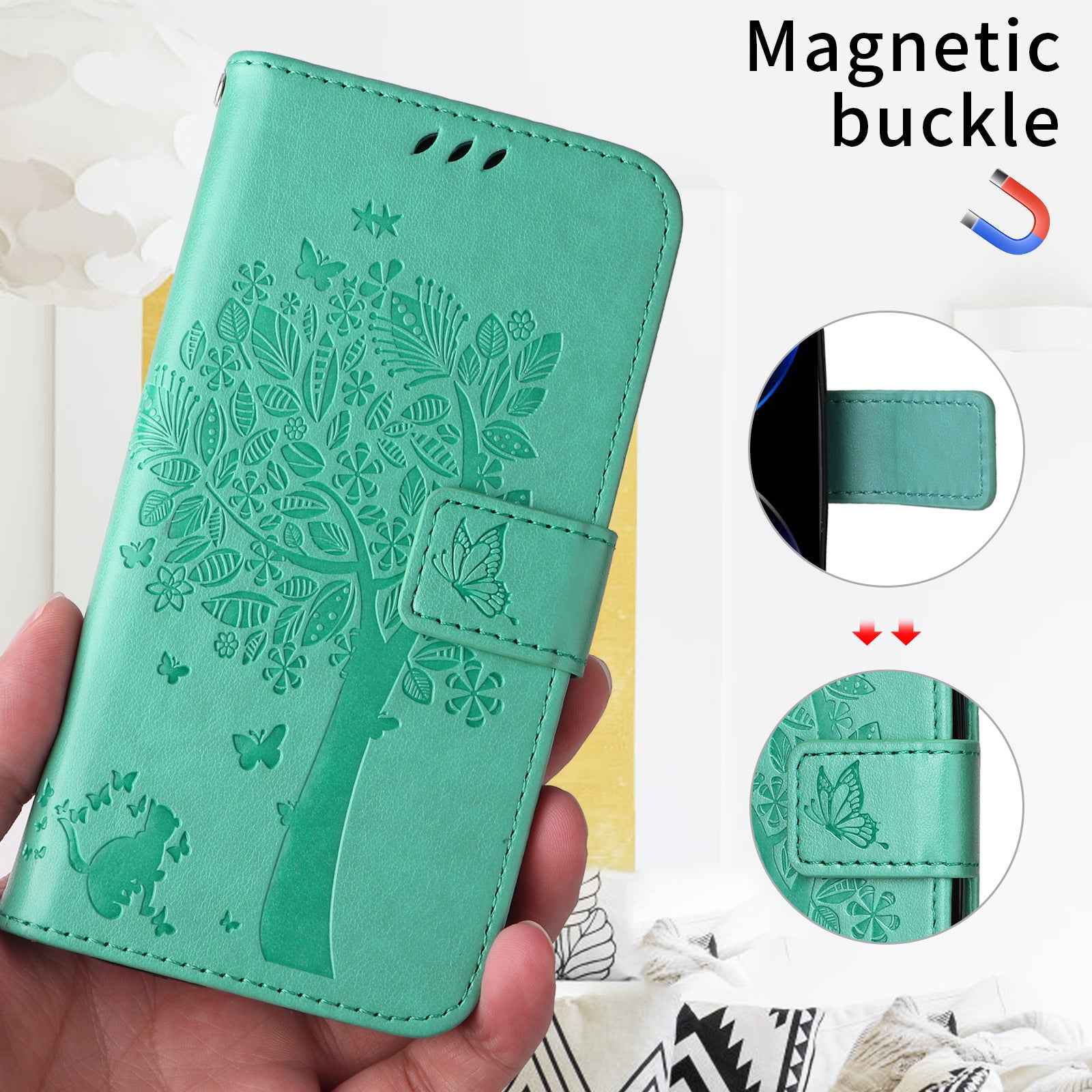 For Xiaomi 17 Pro Phone Case with Stand Cat Tree Pattern Leather Wallet Mobile Cover - Green