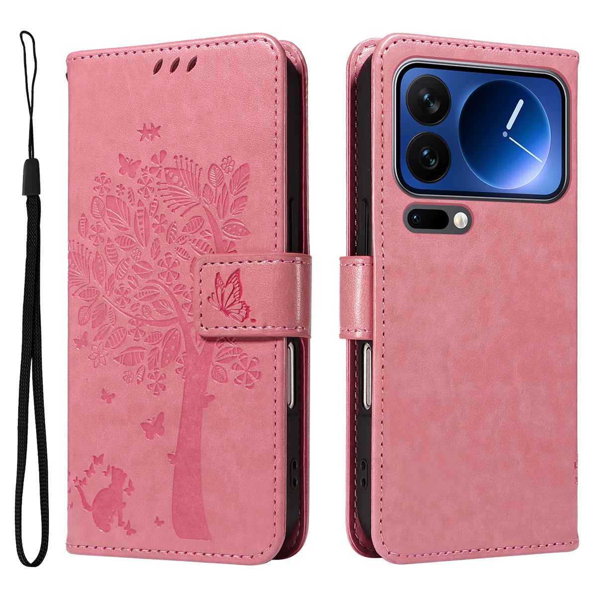 For Xiaomi 17 Pro Phone Case with Stand Cat Tree Pattern Leather Wallet Mobile Cover - Pink