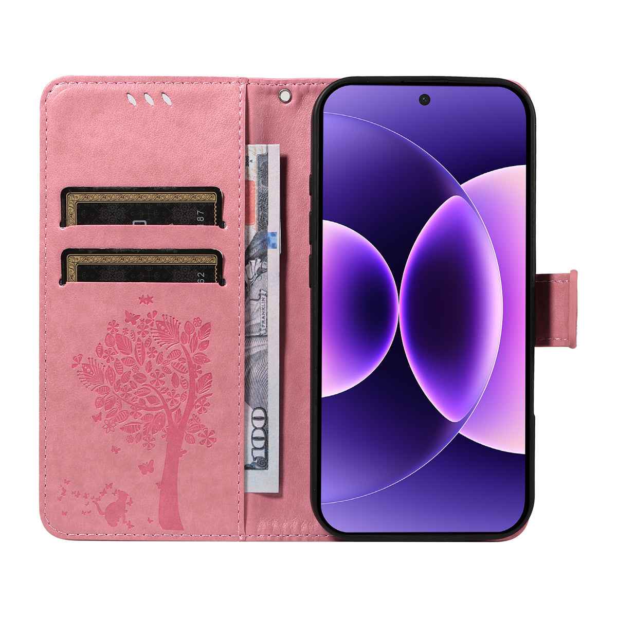 For Xiaomi 17 Pro Phone Case with Stand Cat Tree Pattern Leather Wallet Mobile Cover - Pink
