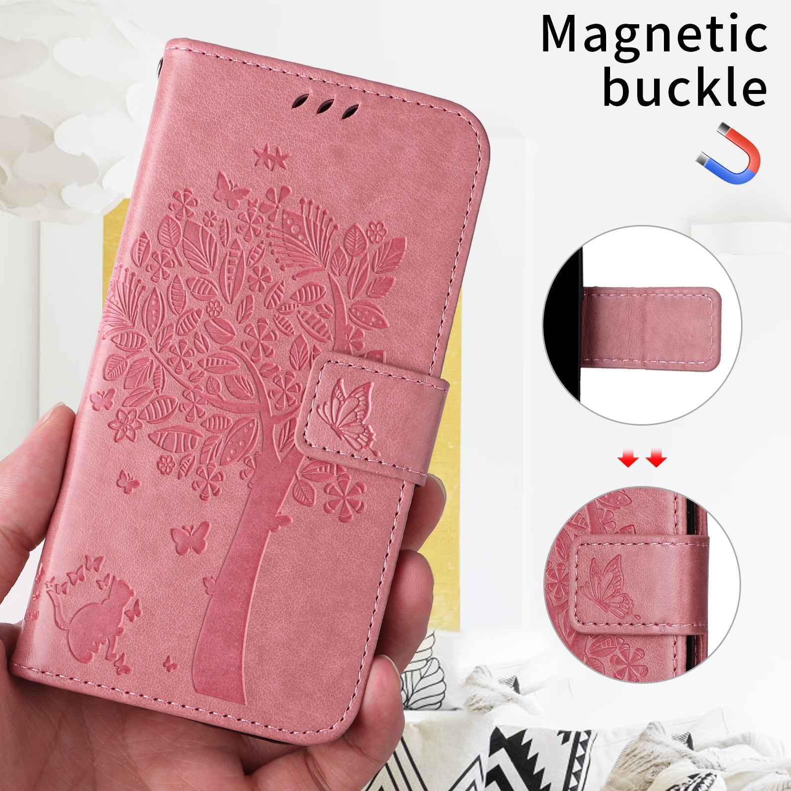For Xiaomi 17 Pro Phone Case with Stand Cat Tree Pattern Leather Wallet Mobile Cover - Pink