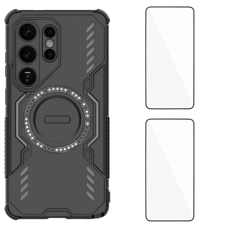 For-Samsung-Galaxy-S26-Ultra-Magnetic-Case-WANLONFENG-DJ-Series-PC-TPU-Phone-Cover-with-2Pcs-Tempered-Glass-Film-Black