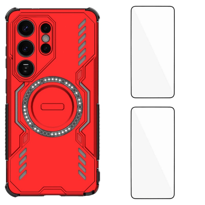 For-Samsung-Galaxy-S26-Ultra-Magnetic-Case-WANLONFENG-DJ-Series-PC-TPU-Phone-Cover-with-2Pcs-Tempered-Glass-Film-Red
