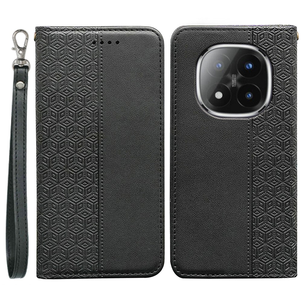 For Xiaomi Poco M8 Pro 5G / Redmi Note 15 Pro+ 5G (Global) Wallet Phone Case Checkered Pattern Imprint Leather Flip Cover with Wrist Strap - Black